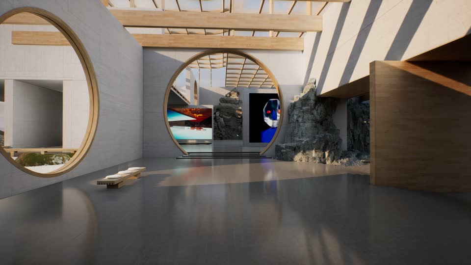 A gallery hall with round openings and digital artworks
